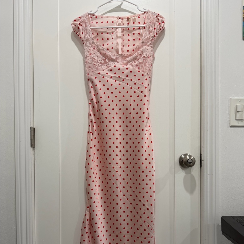 Pink Polka Dot Lace Trim Dress